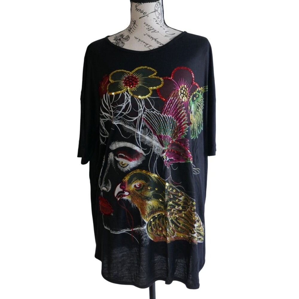 Royal Mohans Bead Sequin Embellishment Woman Birds Flowers Shirt